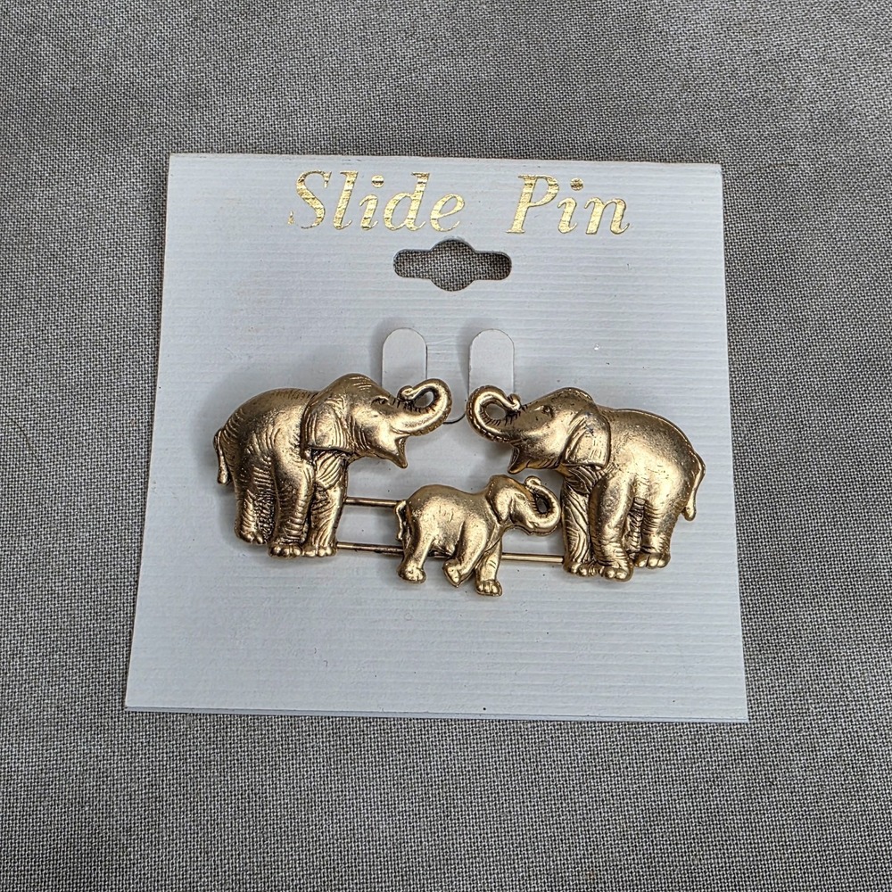 Elephant Family Gold Toned Slide Brooch Pin